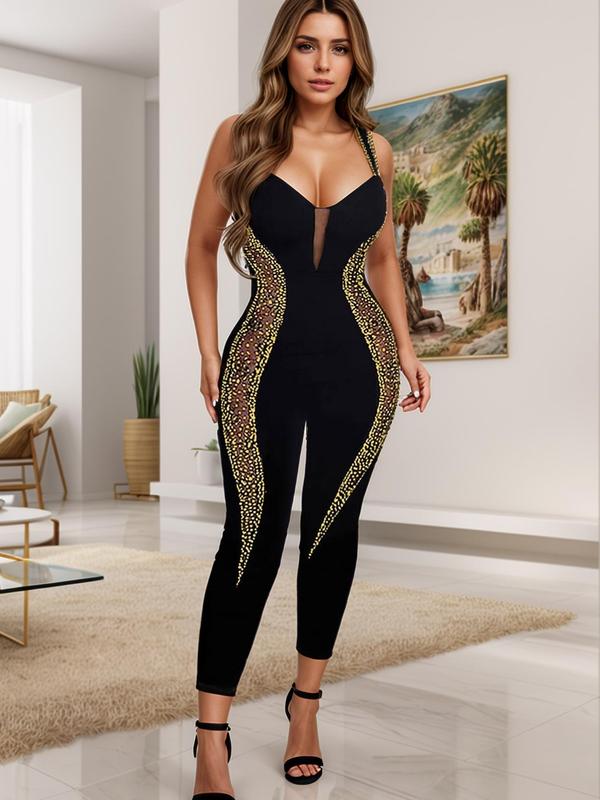 Women's Rhinestone Decor Backless Sheer Jumpsuit, Sexy Fashion Contrast Mesh Sleeveless Jumpsuit for Party Club Dating Wear, Women's Clothing for All Seasons