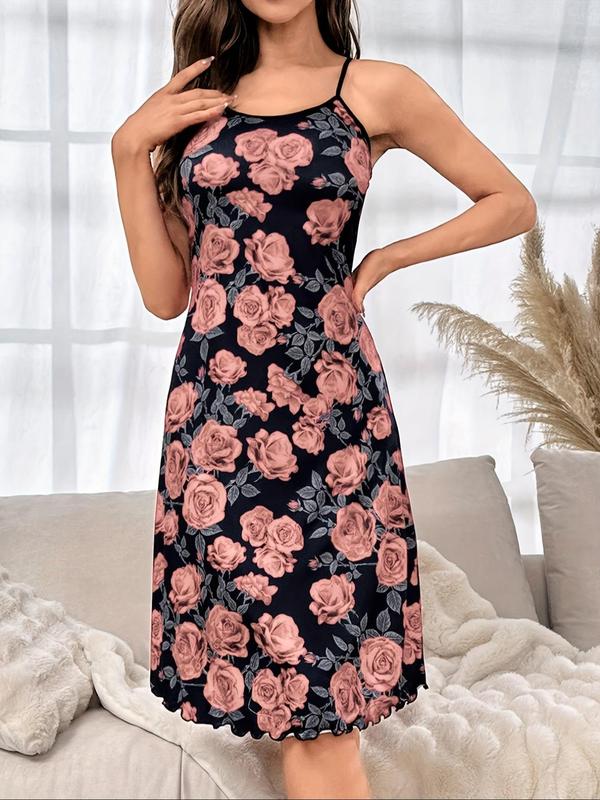 Women's Floral Print Lettuce Trim Cami Nightdress, Casual Soft Comfy Spaghetti Strap Nightgown for All Seasons, Lady's Sleepwear for Indoor Wear