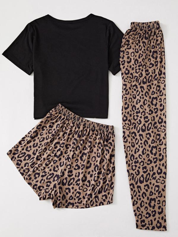 Three-Piece Set Women's Leopard Print Short Sleeve Tee & Elastic Waist Shorts & Pants Pyjama Set, Casual Comfy Round Neck T-shirt & Shorts & Trousers PJ Set, Ladies Sleepwear for All Seasons