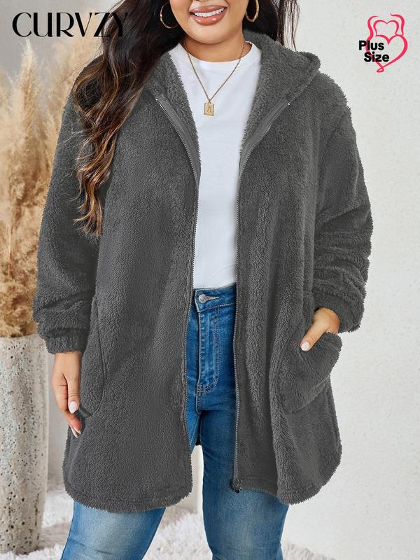 CURVZY Christmas Deals, Plus Size Solid Color Pocket Zip Up Fuzzy Hooded Jackets Coat, Casual Zipper Drop Shoulder Outerwear for Fall & Winter, Women's Clothes for Daily Wear, Christmas 2024 Trend, Fall & Winter Clothes