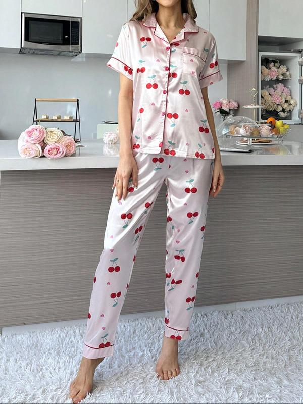 Two-Piece Set Women's Cherry Print Lapel Neck Pocket Shirt & Pants Satin Pyjama, Casual Comfy Short Sleeve Button Up Top & Trousers PJ Set, Ladies Sleepwear for All Seasons