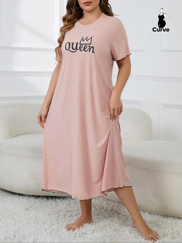 Plus Size Letter Print Contrast Binding Lettuce Trim Nightdress, Casual Short Sleeve Round Neck Nightgown for Women, Women's Sleepwear for All Seasons