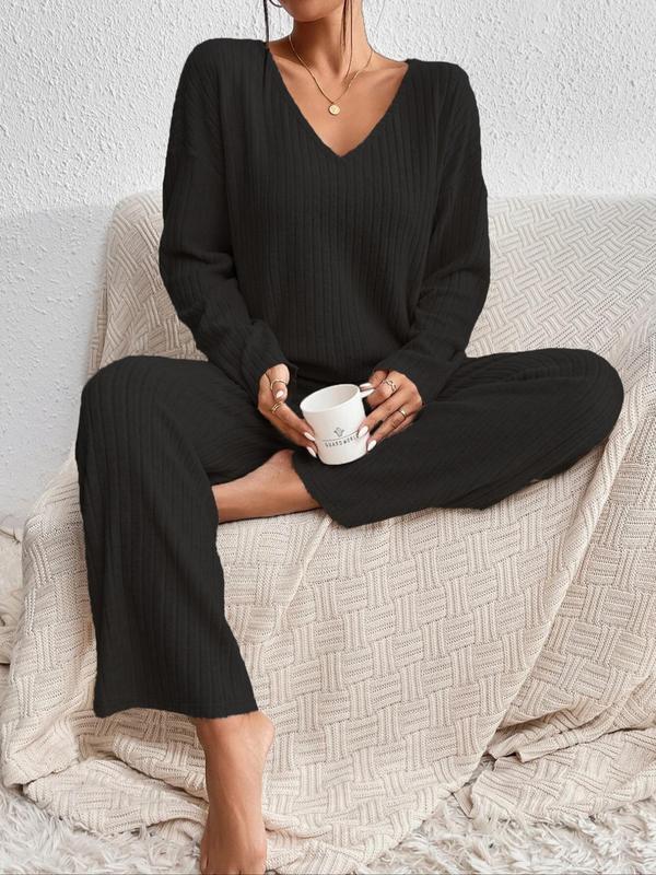 Women's Solid Lettuce Trim V Neck Tee & Elastic Waist Pants Set, Casual Drop Shoulder Long Sleeve Ribbed T-shirt & Trousers Set, Two Piece Set, Ladies Clothes for Fall, Winter Outfits 2024, Black Girl Outfits