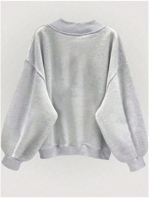  Solid Color Drop Shoulder Sweatshirt, Casual Long Sleeve V Neck Pullover for Fall & Winter, Women's Clothing for Daily Wear