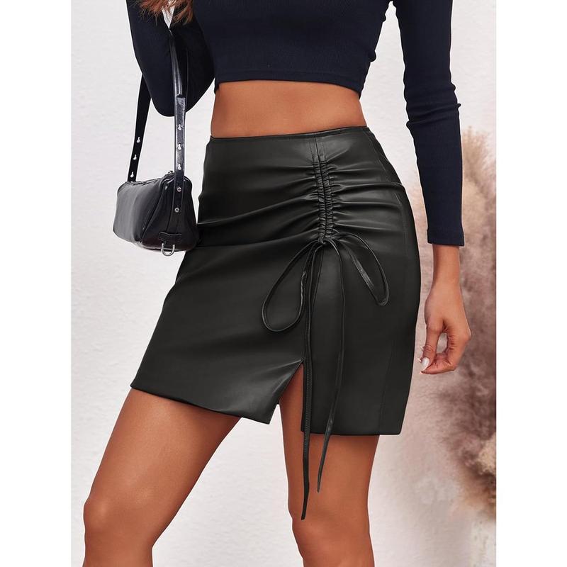 Saodimallsu Womens Leather Skirt Casual High Waist Ruched Split Summer Bodycon Mini Pencil Skir