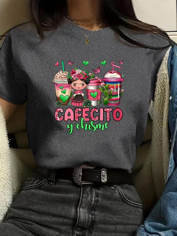 Women's Cartoon Figure & Drink Print Round Neck Tee, Graphic Tees, Fashion Casual Short Sleeve Letter Graphic T-shirt for Daily Outdoor Wear, Ladies Summer Clothes