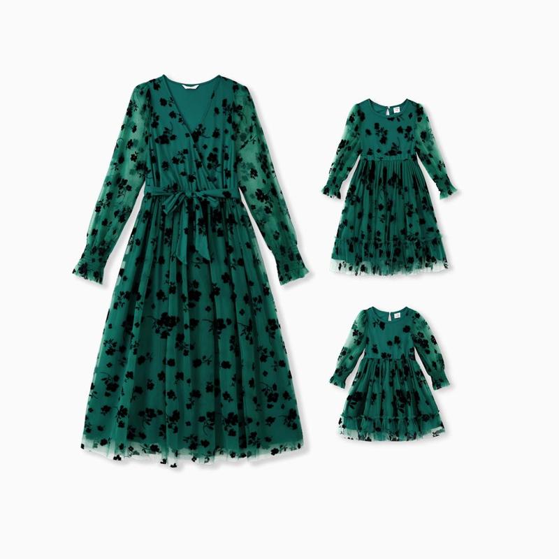 PatPat Mommy and Me Green Long Sleeves Embroidered Tulle Dress with Hidden Snap Button