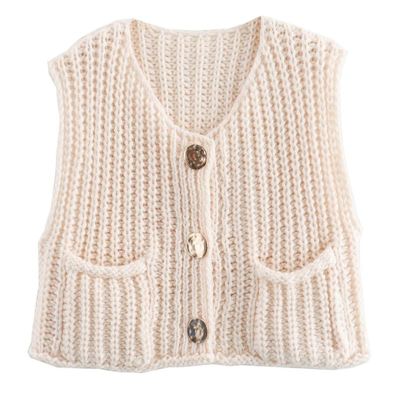 Vest Tops for Women Crochet Chunky Knit Sweater Sleeveless Button Down Tank Top Casual Cardigan Gilet with Pockets