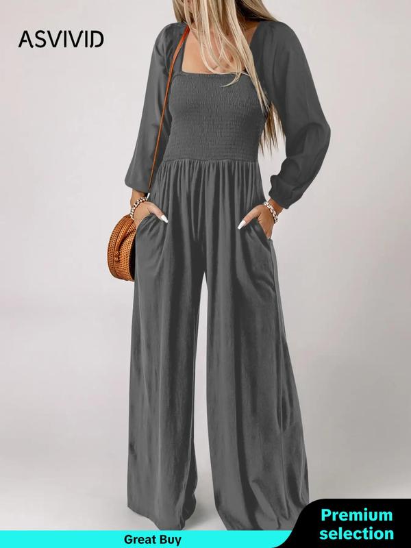 Women's Plain Ruched Shirred Pocket Wide Leg Jumpsuit, Casual Bishop Sleeves Square Neckline Jumpsuit for Fall, Ladies Clothes for Daily Wear