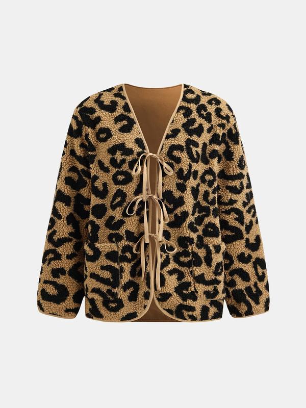 YOZY Women's Leopard Print Tie Front Pocket Fuzzy Jacket, Casual Long Sleeve V Neck Outerwear for Daily Wear, Ladies Clothes for All Seasons