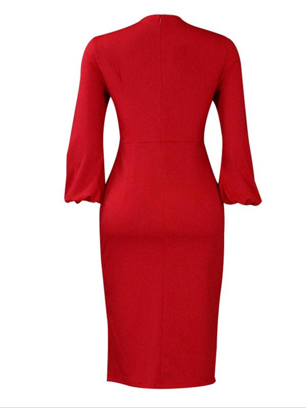 Women's Plain Bishop Sleeve Plicated Split Dress, Elegant Long Sleeve V Neck Bodycon Dress, Ladies Clothes for Party Work Business