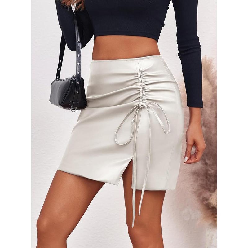 Saodimallsu Womens Leather Skirt Casual High Waist Ruched Split Summer Bodycon Mini Pencil Skir