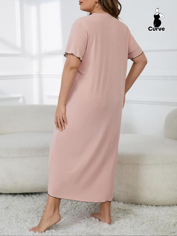 Plus Size Letter Print Contrast Binding Lettuce Trim Nightdress, Casual Short Sleeve Round Neck Nightgown for Women, Women's Sleepwear for All Seasons