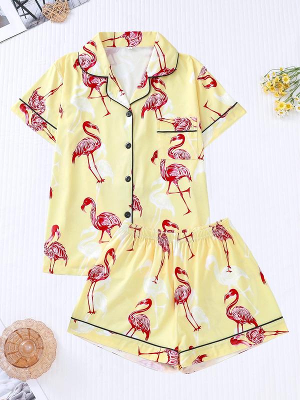 Women's Flamingo Print Lapel Pocket Shirt & Elastic Waist Shorts Pyjama Set, Casual Comfy Button Front Short Sleeve Top & Shorts Pj Set, Ladies Sleepwear for All Seasons