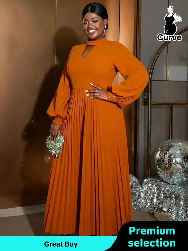 Plus Size Plain Cut Out Lantern Sleeve Pleated Hem Dress, Elegant Mock Neck Long Sleeve A Line Maxi Dress for Party Holiday Wedding Guest, Women's Plus Clothes for All Seasons, Tummy Hiding Dresses