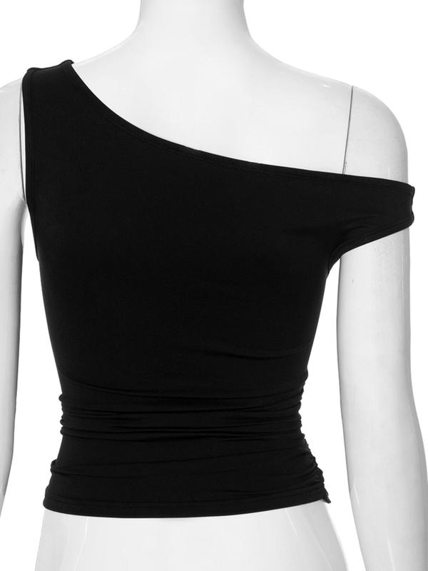 Christmas Deals Women's Plain Asymmetrical Neck Ruched Tank Top, Casual Fashion Slim-fitting Top for Summer, Women's Clothing for Daily Wear, Christmas 2024 Trend, Fall&Winter Clothing