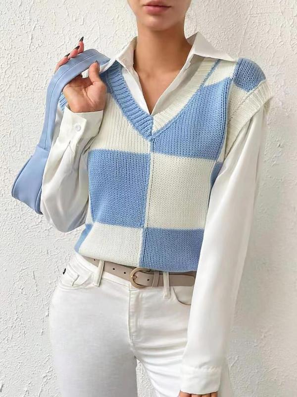 Women's Plaid Print V Neck Sweater Vest Without Shirt, Casual Comfy Jumper Vest, Ladies Spring & Fall Clothes for Daily Wear