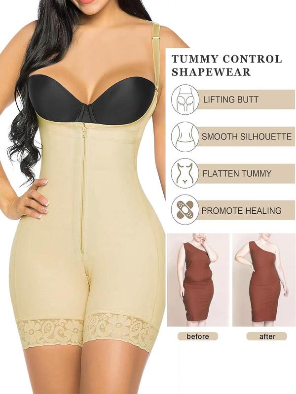 Women's Adjustable Strap Lace Trim Zip Front Shapewear Romper, High Stretch Open Bust Shapewear Bodysuit, Tummy Control Butt Lifting Shaper for Ladies Sexy