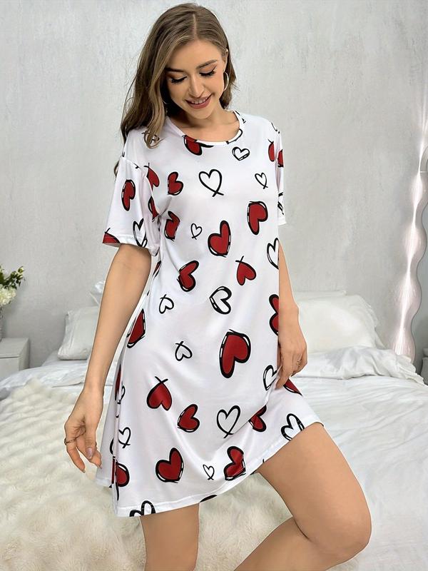 Women's Heart Print Round PJ Neck Nightdress, Summer Clothes Women, Cute Crew Neck Short Sleeve Nightgown Nighties, Comfy Women's Sleepwear & Loungewear For Summer Home Wear