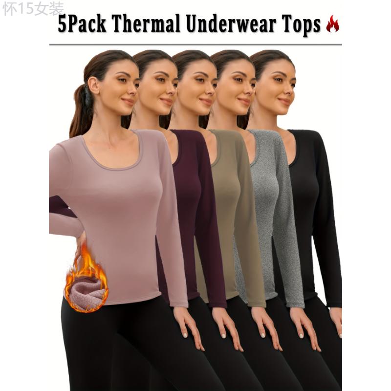 5-Pack Thermal Underwear Tops for Women - Super Soft Fleece, Long Sleeve, High Stretch Polyester Knit Fabric, Solid Color Base Layer for Cold Weather Womenswear Spandex Comfort Basic Minimalist