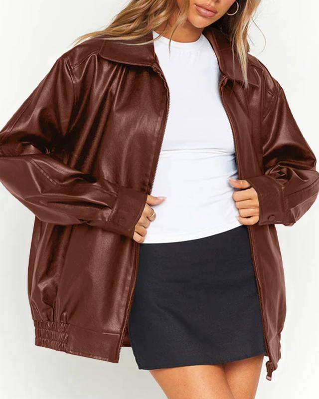 Goranbon Womens Oversized Leather jacket Lapel Bomber Coat Classic Casual Zip Up Warm Fall Winter Clothing