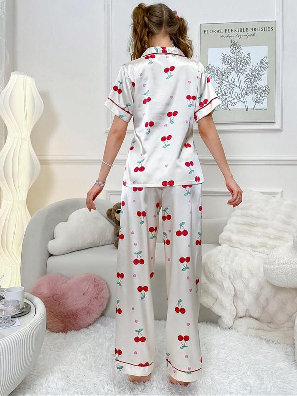 Two-Piece Set Women's Cherry Print Lapel Neck Pocket Shirt & Pants Satin Pyjama, Casual Comfy Short Sleeve Button Up Top & Trousers PJ Set, Ladies Sleepwear for All Seasons