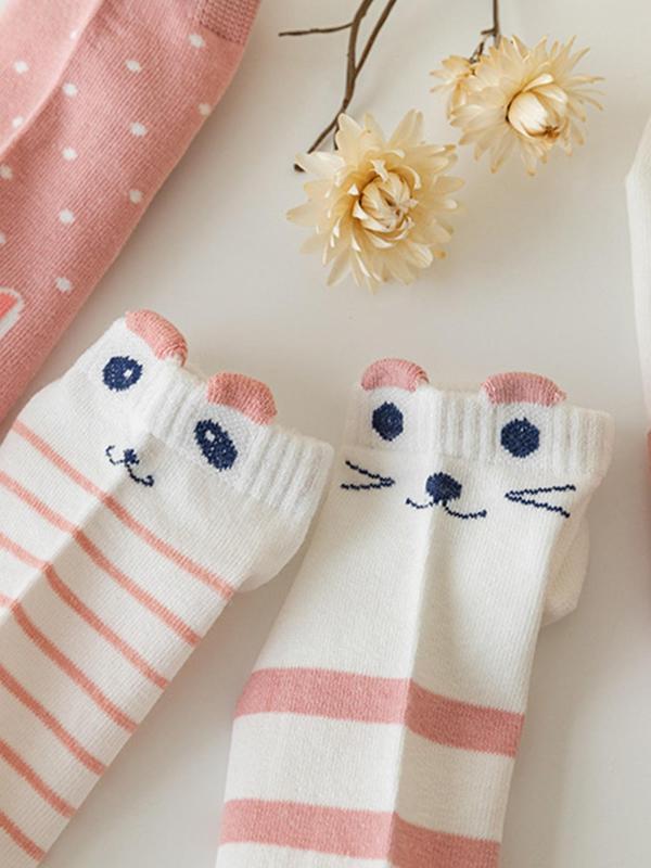 Women's 5 Pairs Cartoon Cat & Striped Print Ankle Socks, Cute Comfy Breathable Low Cut Socks for Daily Wear, Ladies Socks for Summer