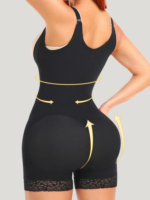 Women's Plain Open Bust Contrast Lace Zipper Front Shapewear Bodysuit, Basic Hooks Tummy Control Hip Lifter Scallop Trim Shaper Romper,  Waist Trainer Women, Ladies Shapewear for All Seasons