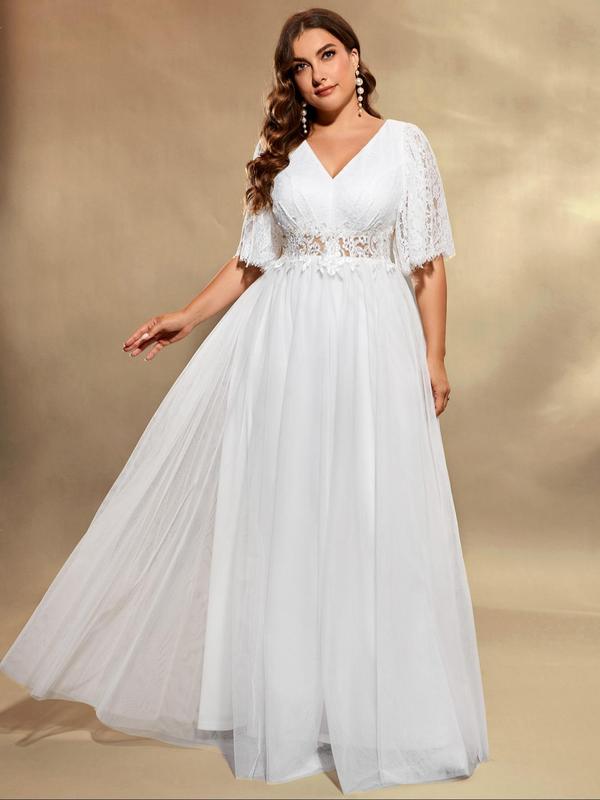 Plus Size Plain Contrast Lace Sequin V Neck Tulle Wedding Dress, Elegant Butterfly Sleeve Maxi Dress for Wedding Party, Women's Summer Clothes