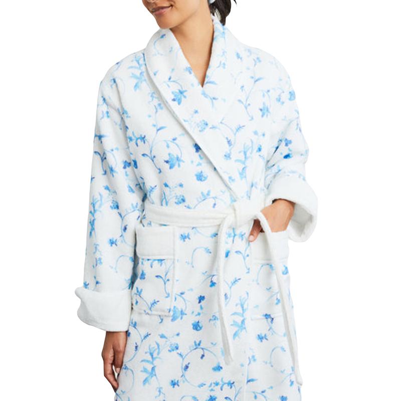 Fluffy Robes for Women Cute Cherry Fruit Floral Print Long Sleeve Shawl Collar Bathrobe Long Plush Kimono Spa Robe with Belt