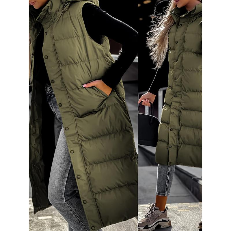 Women's Long Quilted Hooded Vest Sleeveless Button Fluffy down Jacket Cotton Cushion Jacket Winter Coat