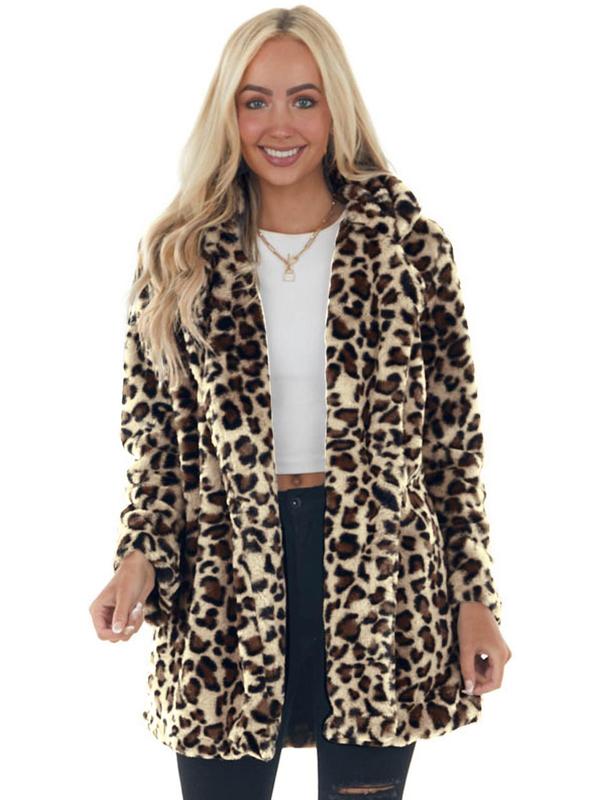 Women's Leopard Print Pocket Lapel Fuzzy Jacket, Casual Long Sleeve Thermal Outerwear for Fall & Winter, Women's Clothing for Daily Wear