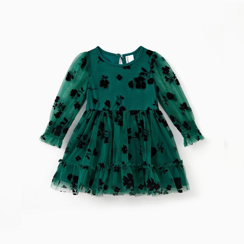 PatPat Mommy and Me Green Long Sleeves Embroidered Tulle Dress with Hidden Snap Button