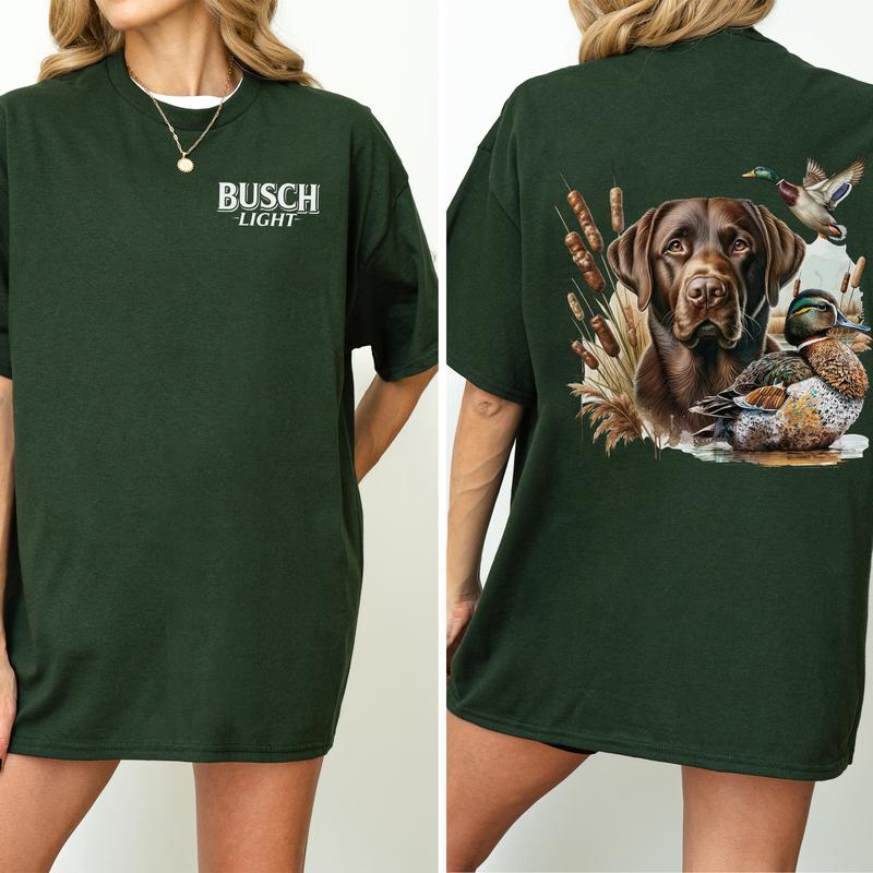 Busch Light Dog Friend Graphic 2 Sided Shirt, Vintage Mallard Hunting Tshirt, Outdoors Dog Hunting Duck T-shirt, Drink Shirt, Summer Hunt Printed Tee, Cotton Casual Womenswear, Comfort Women's Top