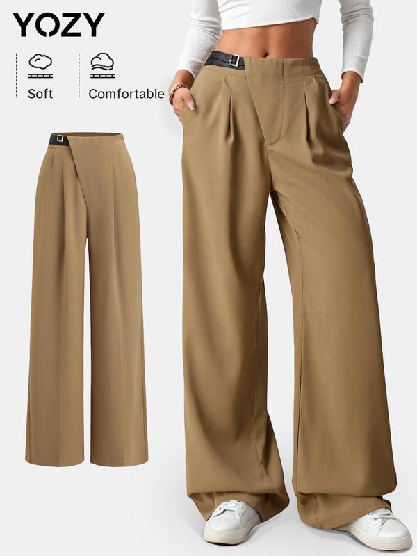 YOZY Women's Solid Plicated Pocket Wide Leg Pants, Casual Zipper Fly Trousers for Work Office Business, Ladies Bottoms for All Seasons