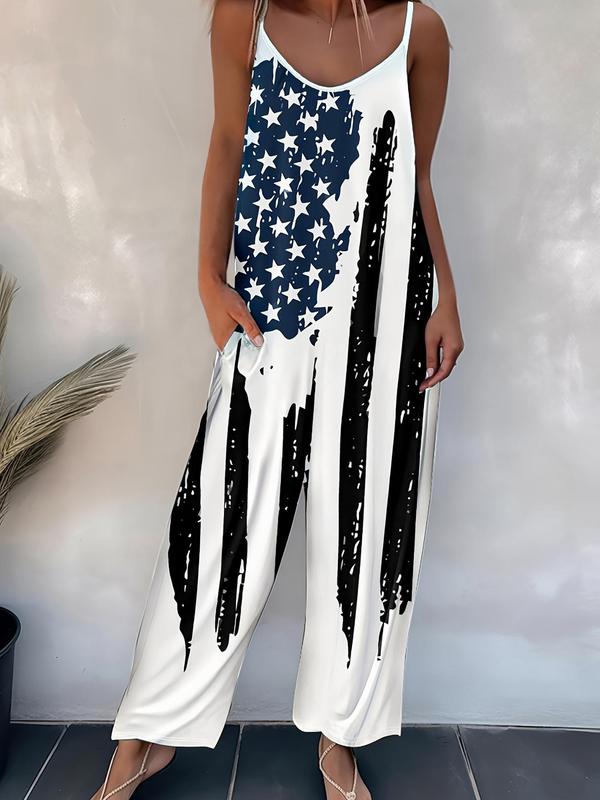 Women's 4th Of July Flag Print Sleeveless Cami Jumpsuit, Lady Casual Comfy Adjustable Spaghetti Strap Pocket Overalls, Jumpsuit for Women, Comfort Sleeveless Onesies, Ladies Summer Clothes for Daily Wear Back To School, Womenswear