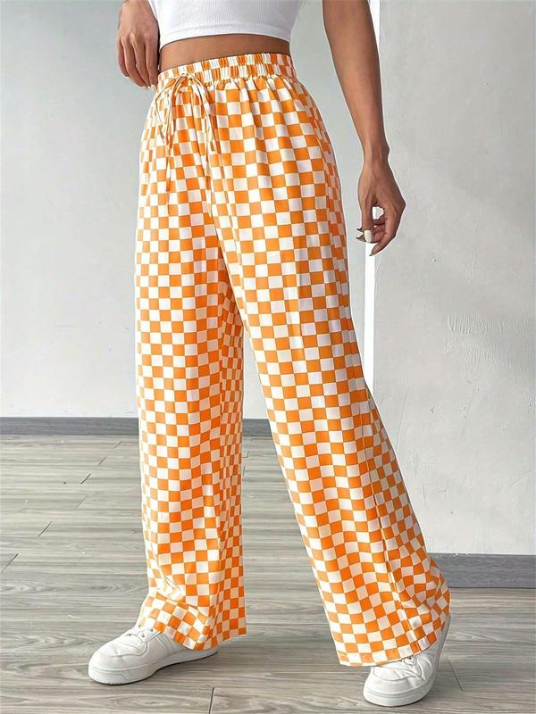 Women's Plaid Print Drawstring Waist Straight Leg Pants, Casual Loose Pocket Trousers for Daily Wear, Ladies Bottoms for Fall & Winter, Downtown Girl Clothes, Preppy 80s Clothes