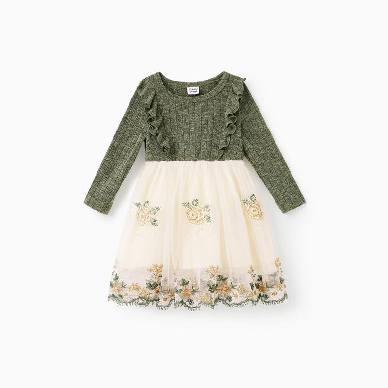 PatPat Family Matching Sets Green Long Sleeves Shirt or Ribbed Off-Shoulder Embroidered Tulle Dress