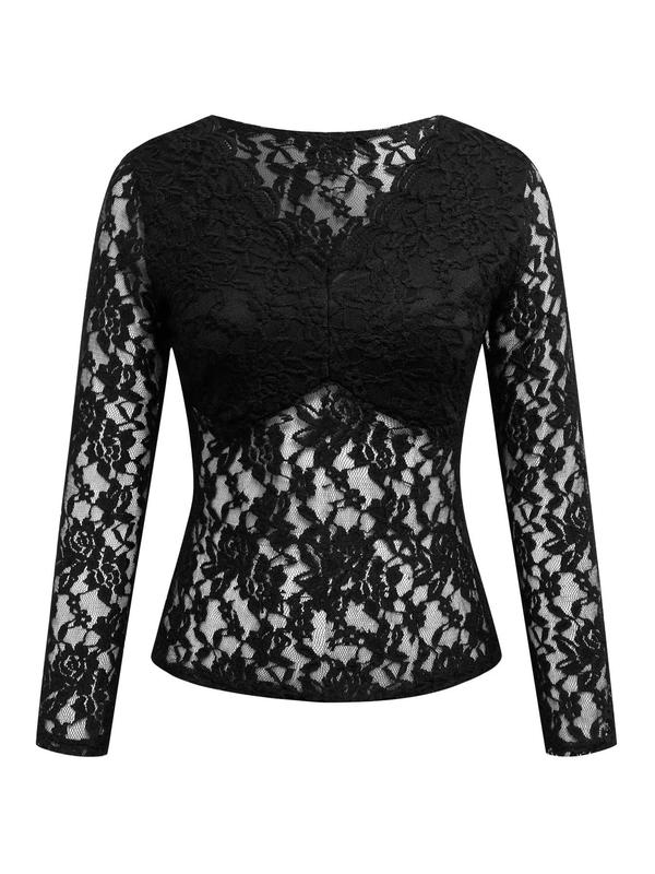 Women's Floral Lace Sheer Scallop Trim Deep V Neck Top, Fashion Casual Long Sleeve Top for Daily Holiday Vacation, Women's T Shirts, Graphic Tees, T Shirts for Women, Ladies Clothes for All Seasons