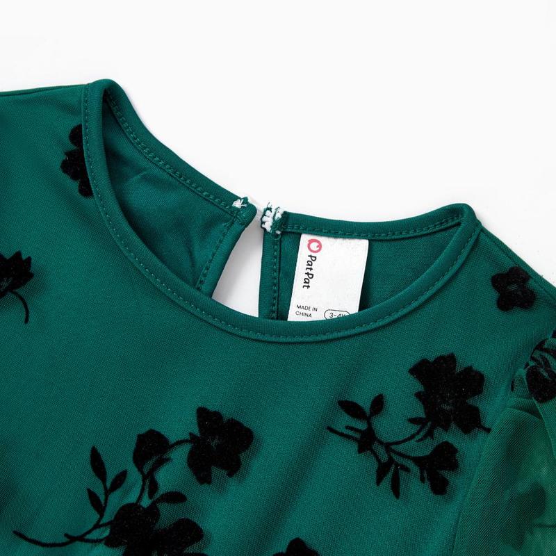 PatPat Mommy and Me Green Long Sleeves Embroidered Tulle Dress with Hidden Snap Button