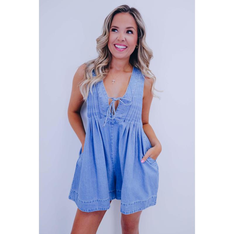 Country Cutie Pleated Denim Romper- 5 Colors