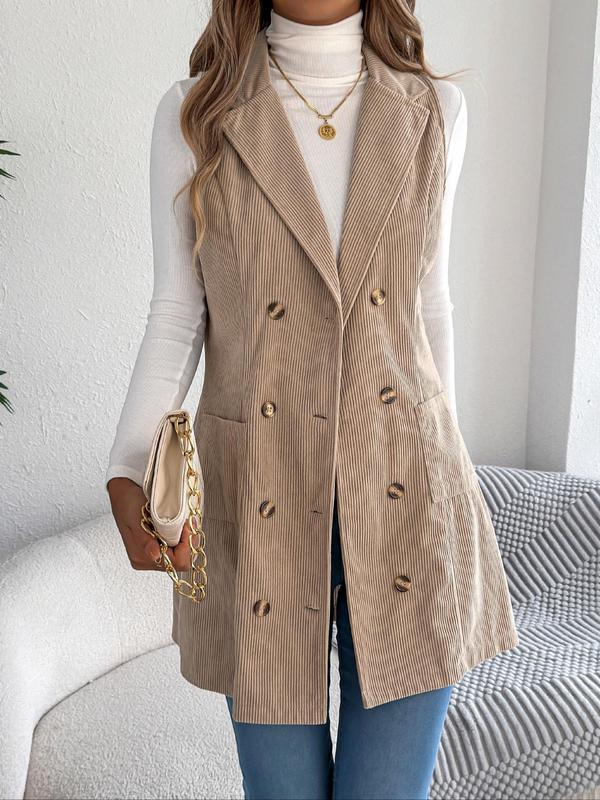 Women's Solid Double Button Pocket Corduroy Vest Coat, Casual Lapel Neck Sleeveless Outerwear for Spring & Fall, Ladies Clothes for Daily Wear