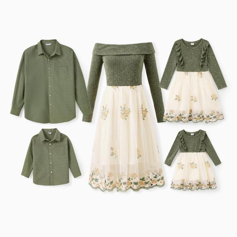 PatPat Family Matching Sets Green Long Sleeves Shirt or Ribbed Off-Shoulder Embroidered Tulle Dress