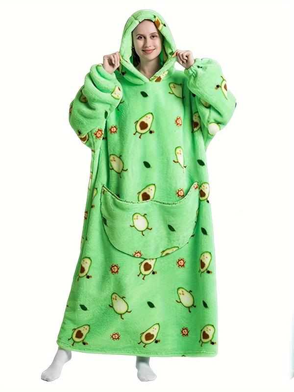 Plus Size Halloween Pumpkin & Cartoon Print Plush Hooded Nightwear Lounge Robe, Fluffy Pajamas, Casual Pocket Long Sleeve Loungewear, Halloween Pajamas, Christmas Pajamas, Plus Size Clothing, Lady Sleepwear for Fall & Winter