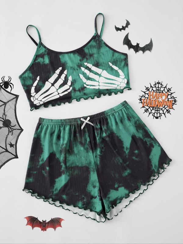 Christmas Women's Skeleton & Pumpkin & Ghost Print Lettuce Trim Cami Top & Bow Front Shorts Pyjama Two-piece Set, Halloween Pajamas, Casual Camisole & Elastic Waist Shorts Pj Set, Ladies Sleepwear for Halloween Party, Spirit Halloween 2024