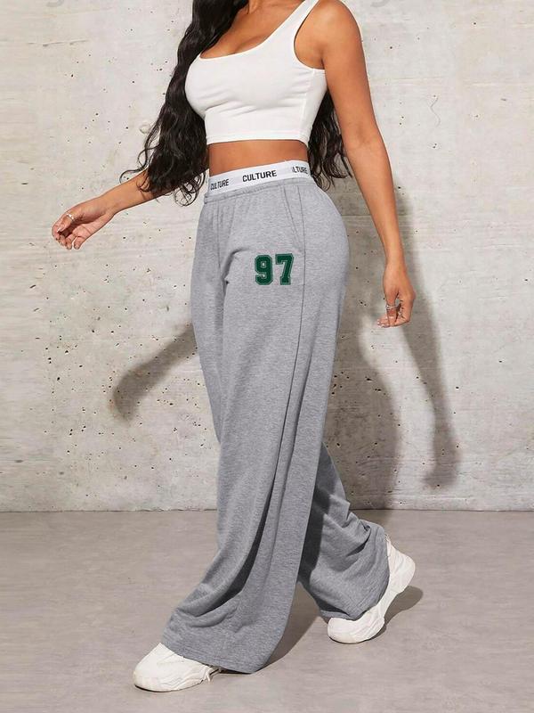 Women's Letter Print High Waist Sweatpants, Casual Y2K Pocket Wide Leg Tape Waist Trousers for Daily Wear, Ladies Bottoms for All Seasons, Downtown Girl Clothes