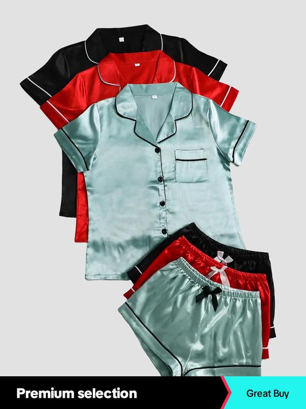 6 Piece Set Women's Contrast Binding Satin Pyjama Set, Casual Pocket Shirt & Bow Decor Shorts Set, Comfortable Sleepwear Set for Women