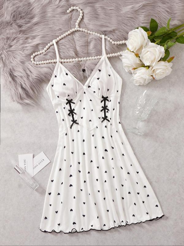 Women's Heart Print Bow Front Lettuce Trim Cami Nightdress, Elegant Soft Comfortable Spaghetti Strap Backless Nightgown For All Seasons, Ladies Sleepwear For Daily Wear