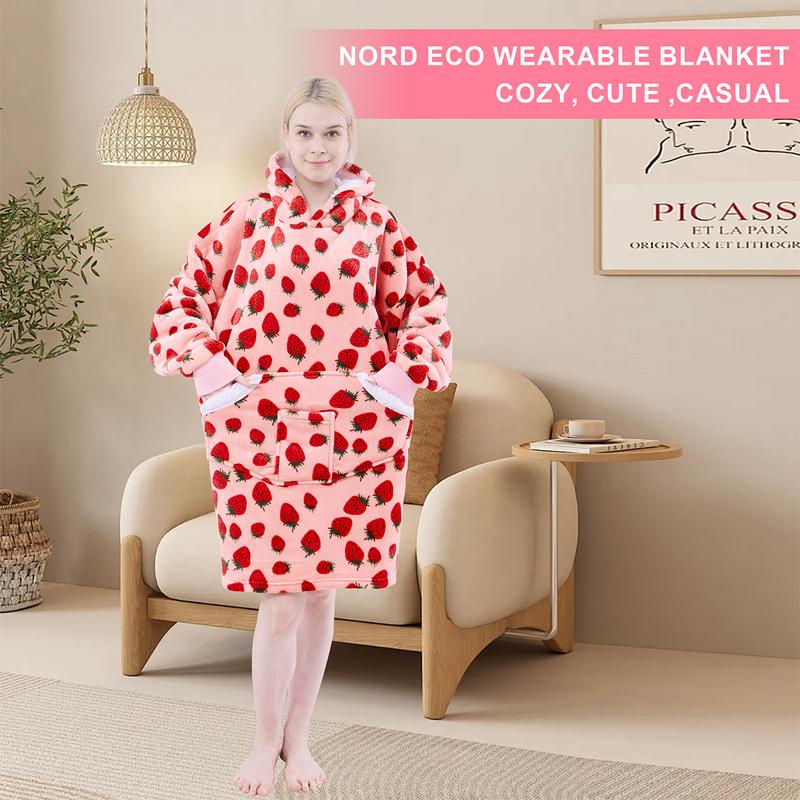 Short Wearable Blanket Hoodie for Adult Women Sherpa Fleece Hooded Sweatshirt Blanket, Cozy Blanket Hoodie with Sleeves, Blanket Hoodie for Gift (Pink Strawberry)