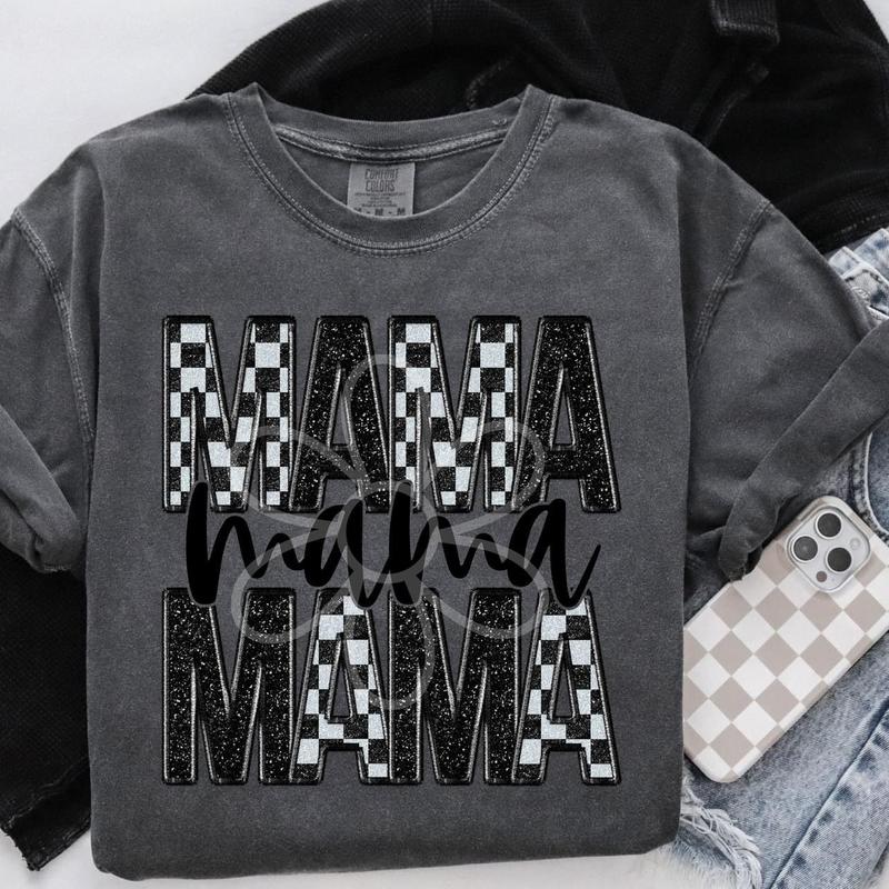 Checker & Faux Glitter ‘Mama’ Completed Tee Top Womenswear newt shirt Sweatshirt, Hoodie, Comfort Colors